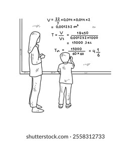 Simple sketch drawing of a  teacher is teaching his students mathematics lessons in a class at school. Education themes in simple sketch concept design vector and good for presentation purpose.