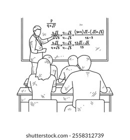 Simple sketch drawing of a  teacher is teaching his students mathematics lessons in a class at school. Education themes in simple sketch concept design vector and good for presentation purpose.