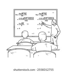 Simple sketch drawing of a  teacher is teaching his students mathematics lessons in a class at school. Education themes in simple sketch concept design vector and good for presentation purpose.
