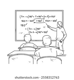 Simple sketch drawing of a  teacher is teaching his students mathematics lessons in a class at school. Education themes in simple sketch concept design vector and good for presentation purpose.