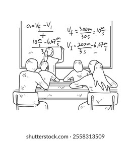 Simple sketch drawing of a  teacher is teaching his students physics lessons in a class at school. Education themes in simple sketch concept design vector and good for presentation education purpose.