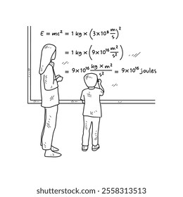 Simple sketch drawing of a  teacher is teaching his students physics lessons in a class at school. Education themes in simple sketch concept design vector and good for presentation education purpose.