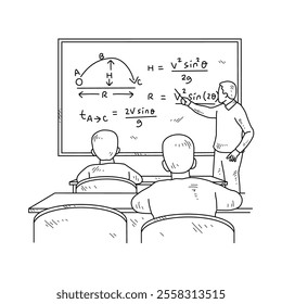 Simple sketch drawing of a  teacher is teaching his students physics lessons in a class at school. Education themes in simple sketch concept design vector and good for presentation education purpose.