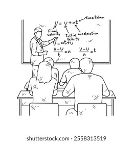 Simple sketch drawing of a  teacher is teaching his students physics lessons in a class at school. Education themes in simple sketch concept design vector and good for presentation education purpose.