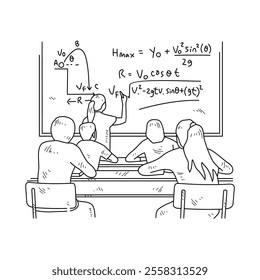 Simple sketch drawing of a  teacher is teaching his students physics lessons in a class at school. Education themes in simple sketch concept design vector and good for presentation education purpose.