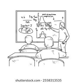 Simple sketch drawing of a  teacher is teaching his students physics lessons in a class at school. Education themes in simple sketch concept design vector and good for presentation education purpose.
