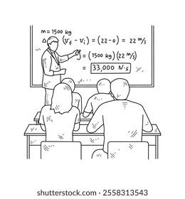 Simple sketch drawing of a  teacher is teaching his students physics lessons in a class at school. Education themes in simple sketch concept design vector and good for presentation education purpose.