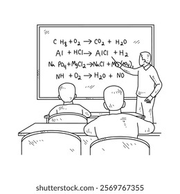 Simple sketch drawing of a  teacher is teaching his students Chemist lessons in a class at school. Education themes in simple sketch concept design vector and good for presentation education purpose.