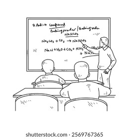 Simple sketch drawing of a  teacher is teaching his students Chemist lessons in a class at school. Education themes in simple sketch concept design vector and good for presentation education purpose.