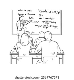 Simple sketch drawing of a  teacher is teaching his students Chemist lessons in a class at school. Education themes in simple sketch concept design vector and good for presentation education purpose.