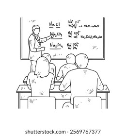 Simple sketch drawing of a  teacher is teaching his students Chemist lessons in a class at school. Education themes in simple sketch concept design vector and good for presentation education purpose.