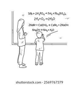 Simple sketch drawing of a  teacher is teaching his students Chemist lessons in a class at school. Education themes in simple sketch concept design vector and good for presentation education purpose.