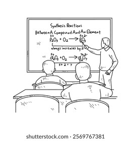 Simple sketch drawing of a  teacher is teaching his students Chemist lessons in a class at school. Education themes in simple sketch concept design vector and good for presentation education purpose.