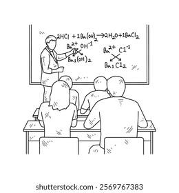 Simple sketch drawing of a  teacher is teaching his students Chemist lessons in a class at school. Education themes in simple sketch concept design vector and good for presentation education purpose.