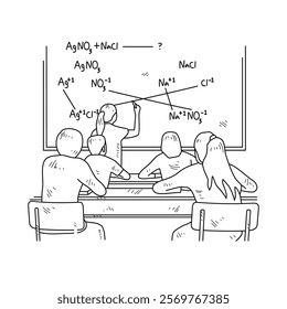 Simple sketch drawing of a  teacher is teaching his students Chemist lessons in a class at school. Education themes in simple sketch concept design vector and good for presentation education purpose.