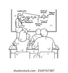 Simple sketch drawing of a  teacher is teaching his students Chemist lessons in a class at school. Education themes in simple sketch concept design vector and good for presentation education purpose.