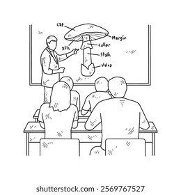 Simple sketch drawing of a  teacher is teaching his students Biology lessons in a class at school. Education themes in simple sketch concept design vector and good for presentation education purpose.