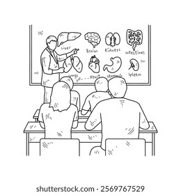 Simple sketch drawing of a  teacher is teaching his students Biology lessons in a class at school. Education themes in simple sketch concept design vector and good for presentation education purpose.