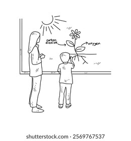 Simple sketch drawing of a  teacher is teaching his students Biology lessons in a class at school. Education themes in simple sketch concept design vector and good for presentation education purpose.