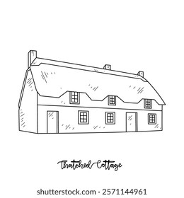 Simple sketch drawing of Thatched Cottage Traditional House vector illustration. Traditional House in simple linear style vector design concept. Old architectural design great for education purpose