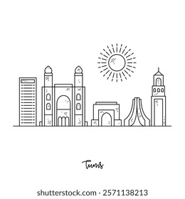 Simple sketch drawing of Tunis skyline vector illustration. Modern city in Africa in simple linear style vector design concept. One of big city in Africa. Iconic architectural building design.