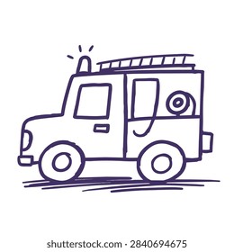 A simple sketch of a fire truck featuring a ladder and emergency light in a doodle style