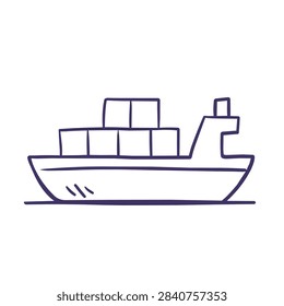 A simple sketch of a freight vessel loaded with shipping containers, isolated on a white background, representing logistics and maritime transport.