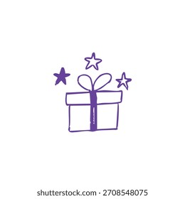 Un boceto simple de una caja de regalo con una cinta y tres estrellas sobre un fondo blanco.