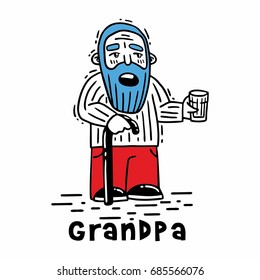 Simple sketch Grandpa With a stick and a stretched glass