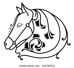Simple sketch of a horse head in floral style 2014. vector illustration