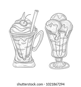 Simple sketch ice cream in glass vase. Hand-drawn style.