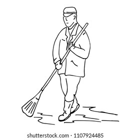 A simple sketch of a janitor of a street that hits the broom.