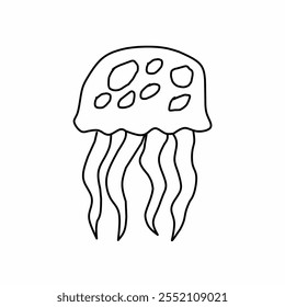 A simple sketch of a jellyfish that has a round body with tentacles hanging down.