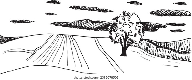 Simple sketch of a landscape with a field and a tree