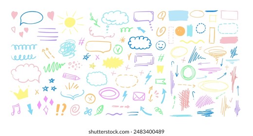 Simple sketch line style colored elements. Doodle cute ink pen line elements isolated on white background. Doodle arrow, heart, star, decoration symbol, icon set. Vector illustration.