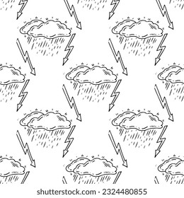 Elemento de estilo de línea de esbozo simple. Doodle linda nube de plumas de tinta con lluvias y rayo sin costura. Concepto ecológico.