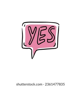 Simple sketch line style element. Yes word text on talk shape. Doodle Speech Bubble icon. Vector illustration. Design element for sticker, mark, symbol, icon, chat. Pink color.