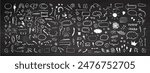 Simple sketch line style elements. Doodle cute ink pen line elements isolated on chalkboard  background. Doodle arrow, heart, star, decoration symbol, icon set. Vector illustration.