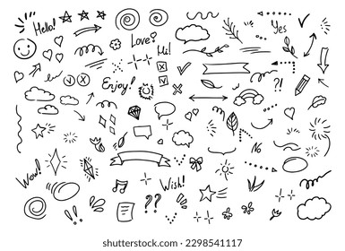 Simple sketch line style  elements. Doodle cute ink  pen line elements isolated on white background. Doodle  arrow,  heart, star, sparkle decoration  symbol  icon set.  Vector illustration.