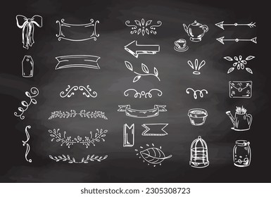 Simple sketch line style elements. Doodle cute ink pen line vintage elements isolated on chalkboard  background. Doodle arrows, bow, garden tools, floral elements, leaves, decoration symbols 