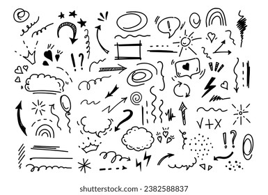 Simple sketch line style elements. Doodle cute ink  pen line elements isolated on white background. Doodle arrow, heart, star, sparkle decoration symbol, icon set. Vector illustration.