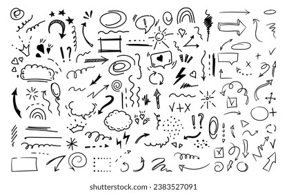 Simple sketch line style elements. Doodle cute ink pen line elements isolated on white background. Doodle arrow, heart, star, sparkle decoration symbol icon set. Vector illustration.