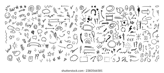 Elementos de estilo de línea de esbozo simples. Doodle lindos elementos de la línea de lápiz de tinta aislados en fondo blanco. Flecha doodle, corazón, estrella, símbolo de decoración, conjunto de iconos. Ilustración vectorial.