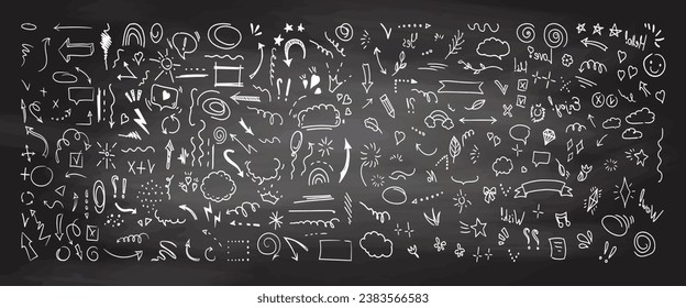 Simple sketch line style elements. Doodle cute ink pen line elements isolated on chalkboard background. Doodle arrow, heart, star, decoration symbol, icon set. Vector illustration.