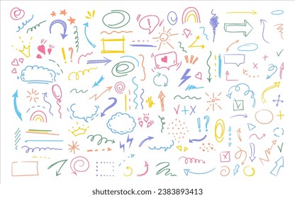 Simple sketch line style elements. Doodle cute ink pen line elements isolated on white background. Doodle arrow, heart, star, sparkle decoration symbol icon set. Vector illustration.