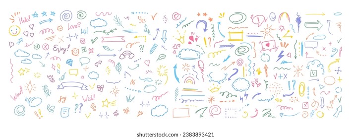 Simple sketch line style elements. Doodle cute ink pen line elements isolated on white background. Doodle arrow, heart, star, decoration symbol, icon set. Vector illustration.