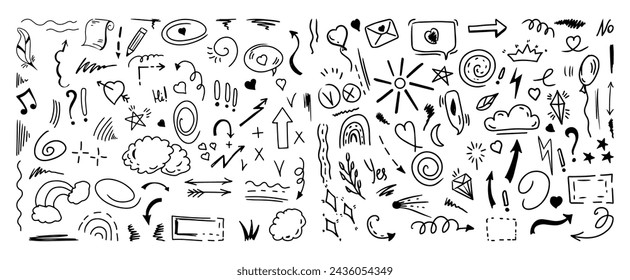 Simple sketch line style elements. Doodle cute ink pen line elements isolated on white background. Doodle arrow, heart, star, decoration symbol, icon set. Vector illustration.