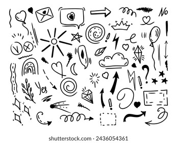 Simple sketch line style elements. Doodle cute ink pen line elements isolated on white background. Doodle arrow, heart, star, decoration symbol, icon set. Vector illustration.