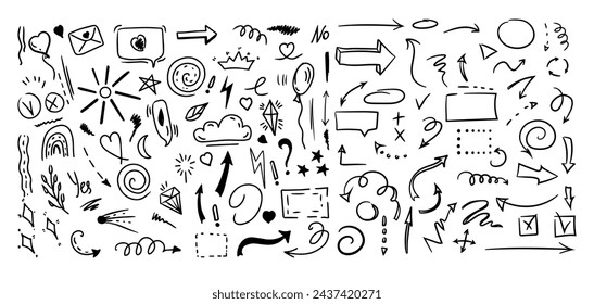 Elementos de estilo de línea de esbozo simples. Doodle lindo lápiz de tinta elementos de línea aislados sobre fondo blanco. Doodle flecha, corazón, estrella, símbolo de decoración, conjunto de iconos. Ilustración vectorial.	