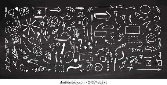 Simple sketch line style elements. Doodle cute ink pen line elements isolated on chalkboard background. Doodle arrow, heart, star, decoration symbol, white icon set. Vector illustration.